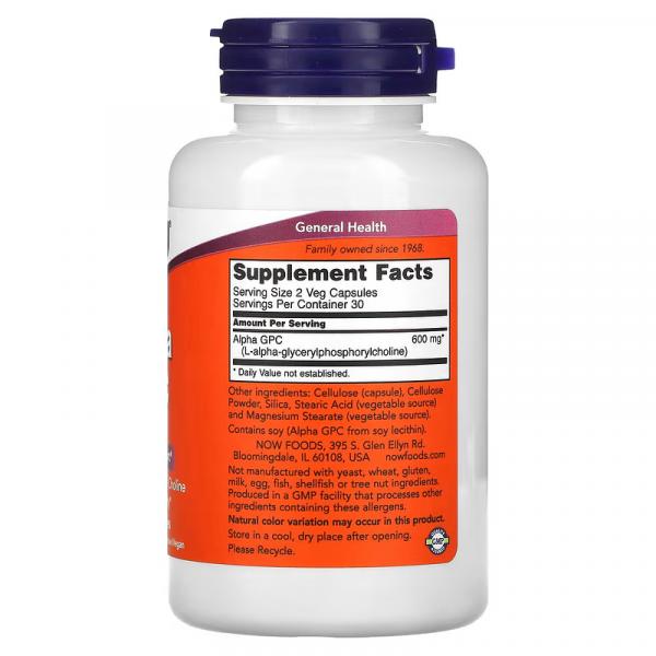 Альфа-ГФХ, Alpha-GPC, NOW Foods, 300 мг, 60 растительных капсул - Фото 2