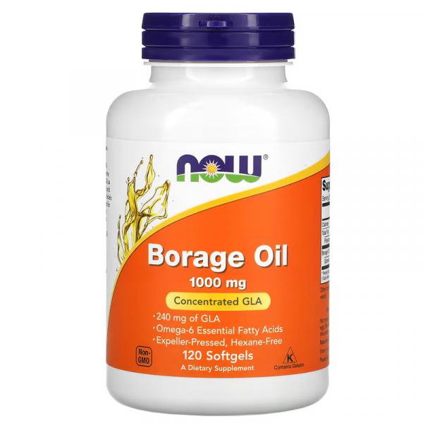 Масло бурачника, концентрированная ГЛК, Borage Oil Concentration GLA, NOW Foods, 1000 мг, 120 капсул - Фото 1