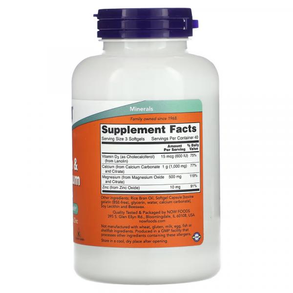 Кальций и магний с витамином D3 и цинком, Calcium Magnesium with Vitamin D3 and Zinc, NOW Foods, 120 мягких таблеток - Фото 2