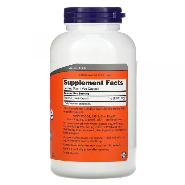 Таурин двойной концентрации, Double Strength Taurine, NOW Foods, 1000 мг, 250 растительных капсул  - Фото 2