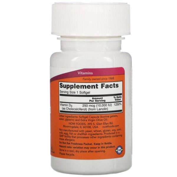 Витамин Д3, Vitamin D-3, Now Foods, 10000 МЕ, 120 капсул  - Фото 2