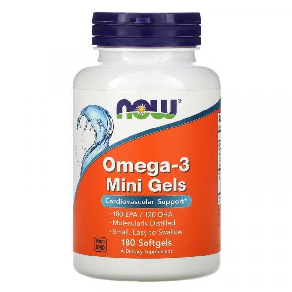 Омега-3 в мини-капсулах, 180 ЭПК / 120 ДГК, Omega-3 Mini Gels, Now Foods, 180 капсул  - Фото 1