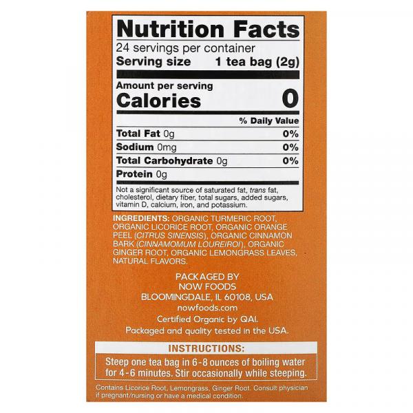 Органическая куркума и имбирь, без кофеина, Organic Turmeric Ginger, Caffeine Free, NOW Foods, 24 чайных пакетика, 48 г - Фото 2