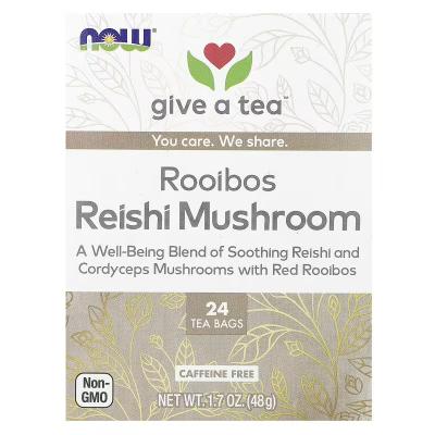 Чай с грибами ройбуш и рейши, без кофеина, Rooibos Reishi Mushroom Tea, Caffeine Free, NOW Foods, 24 чайных пакетика, 48 г