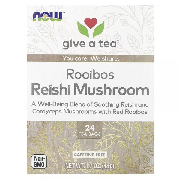 Чай с грибами ройбуш и рейши, без кофеина, Rooibos Reishi Mushroom Tea, Caffeine Free, NOW Foods, 24 чайных пакетика, 48 г - Фото 1