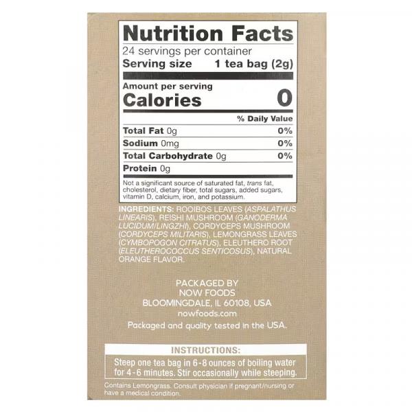 Чай с грибами ройбуш и рейши, без кофеина, Rooibos Reishi Mushroom Tea, Caffeine Free, NOW Foods, 24 чайных пакетика, 48 г - Фото 2