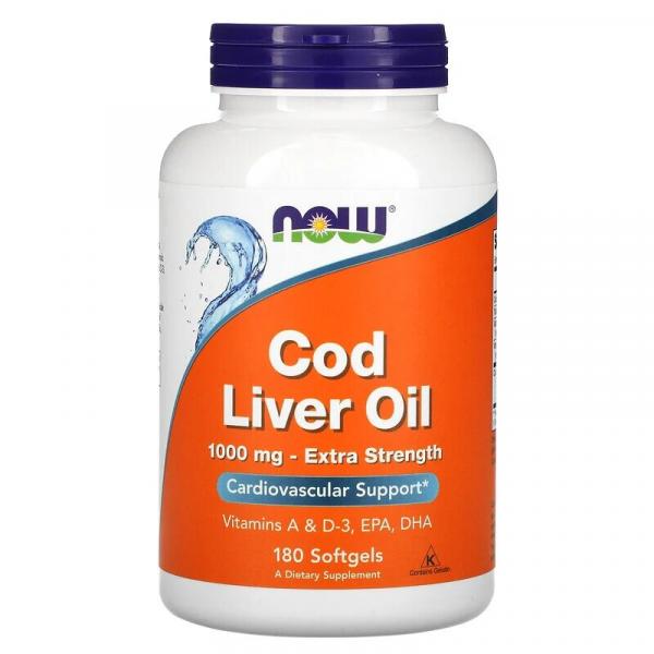 Рыбий жир из печени трески, Cod Liver Oil, Now Foods, 1000 мг, 180 капсул  - Фото 1