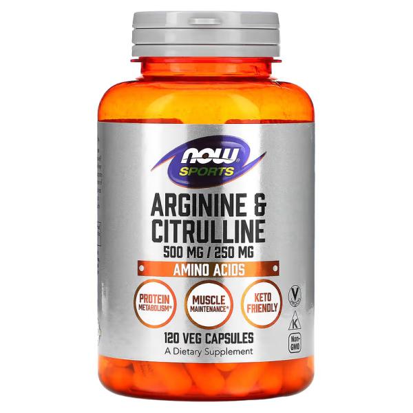 Аргинин и цитруллин NOW Foods, Arginine & citrulline, Sports, 120 вегетарианских капсул - Фото 1