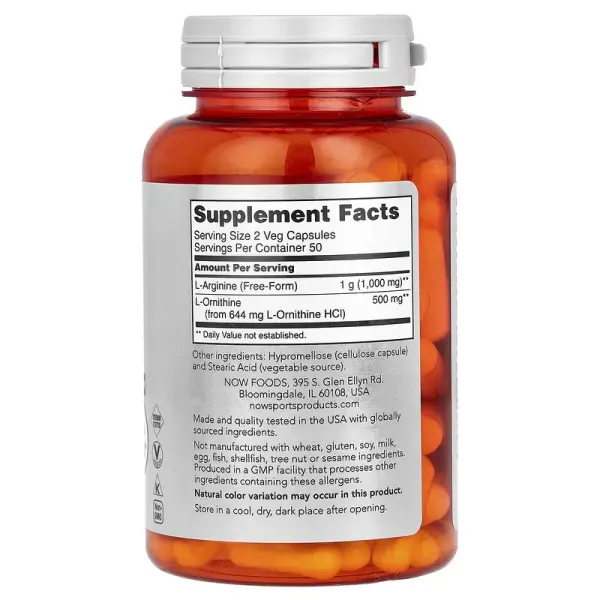 Аргинин и орнитин, Arginine & Ornithine, Now Foods, Sports, 500 мг/250 мг, 100 вегетарианских капсул - Фото 2