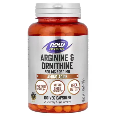 Аргинин и орнитин, Arginine & Ornithine, Now Foods, Sports, 500 мг/250 мг, 100 вегетарианских капсул