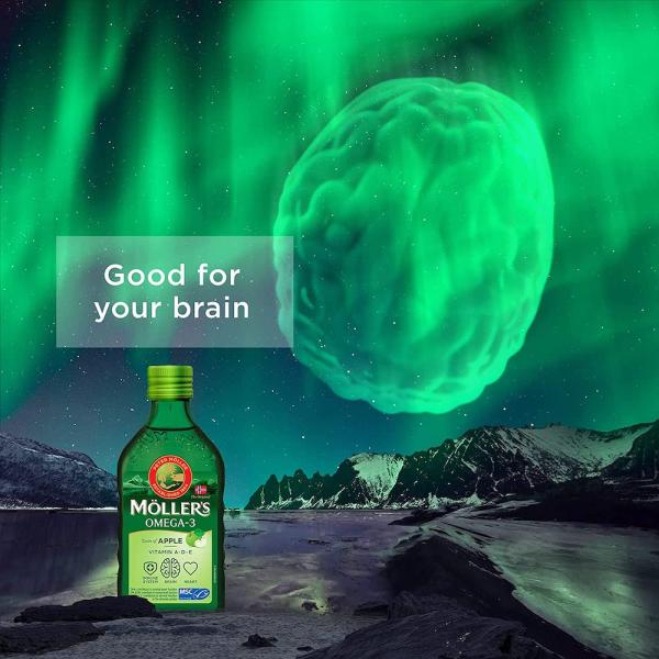 Жидкий рыбий жир (Омега 3) с печени трески c витаминами А, Е, Д3, яблочный вкус, Omega-3 Cod Liver with vitamins A, E,  D3 Fruit, Mollers Tran Norweski, 250 мл - Фото 4