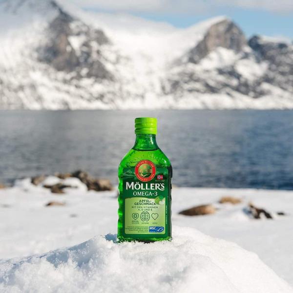 Жидкий рыбий жир (Омега 3) с печени трески c витаминами А, Е, Д3, яблочный вкус, Omega-3 Cod Liver with vitamins A, E,  D3 Fruit, Mollers Tran Norweski, 250 мл - Фото 7
