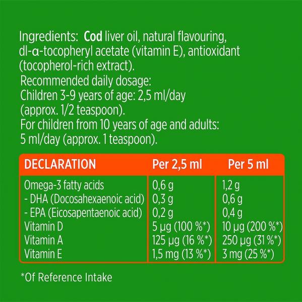 Жидкий рыбий жир (Омега 3) с печени трески c витаминами А, Е, Д3, фруктовый вкус, Omega-3 Cod Liver with vitamins A, E,  D3 Fruit, Mollers Tran Norweski, 250 мл - Фото 6