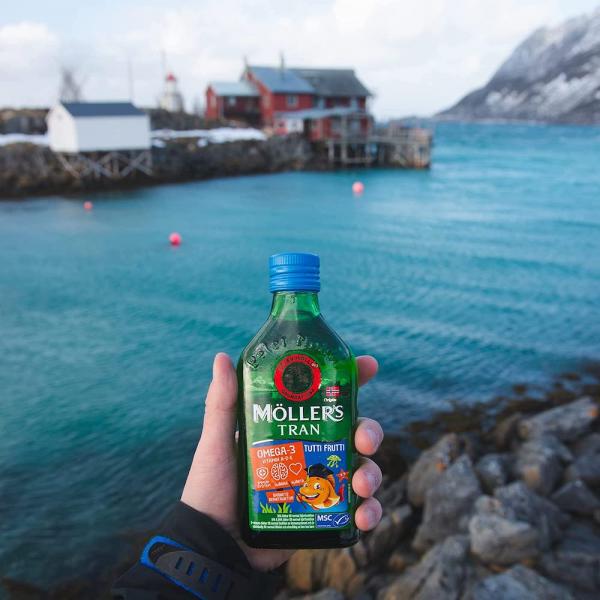 Жидкий рыбий жир (Омега 3) с печени трески c витаминами А, Е, Д3, фруктовый вкус, Omega-3 Cod Liver with vitamins A, E,  D3 Fruit, Mollers Tran Norweski, 250 мл - Фото 7