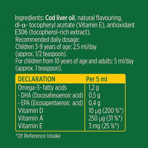 Жидкий рыбий жир (Омега 3) с печени трески c витаминами А, Е, Д3, лимонный вкус, Omega-3 Cod Liver with vitamins A, E,  D3 Fruit, Mollers Tran Norweski, 250 мл - Фото 7