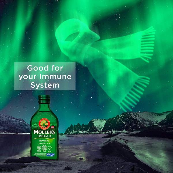 Жидкий рыбий жир (Омега 3) с печени трески c витаминами А, Е, Д3, без вкуса, Omega-3 Cod Liver with vitamins A, E,  D3 Fruit, Mollers Tran Norweski, 250 мл  - Фото 4