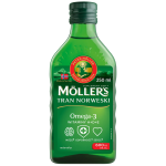 Жидкий рыбий жир (Омега 3) с печени трески c витаминами А, Е, Д3, без вкуса, Omega-3 Cod Liver with vitamins A, E,  D3 Fruit, Mollers Tran Norweski, 250 мл  - Фото миниатюра 1