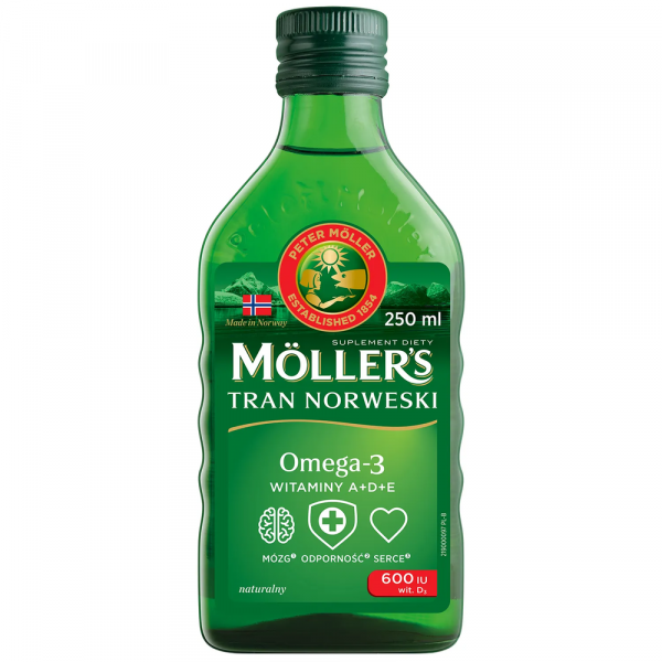 Жидкий рыбий жир (Омега 3) с печени трески c витаминами А, Е, Д3, без вкуса, Omega-3 Cod Liver with vitamins A, E,  D3 Fruit, Mollers Tran Norweski, 250 мл  - Фото 1