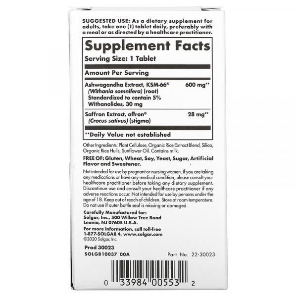 Препарат для снятия стресса и тревоги, ашваганда и шафран, Stress & Anxiety Relief, Ashwagandha And Saffron, Solgar, 30 таблеток - Фото 3