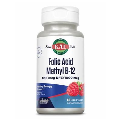 Фолиевая кислота и Витамин B-12, вкус малины, Folic Acid Methyl B-12, Raspberry, KAL, 800 мкг, 60 таблеток