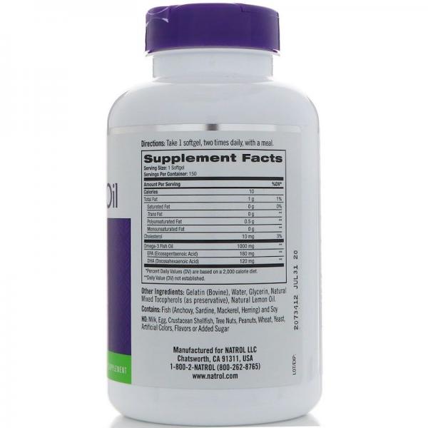 Рыбий жир, вкус лимона, Omega-3 Fish oil, Natrol, 1000 мг, 150 капсул  - Фото 2