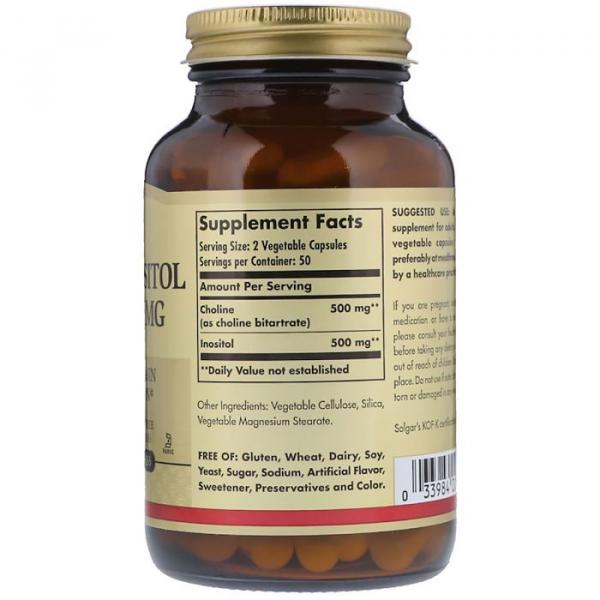 Холин и Инозитол, Choline/Inositol, Solgar, 500 мг/500 мг, 100 капсул  - Фото 2