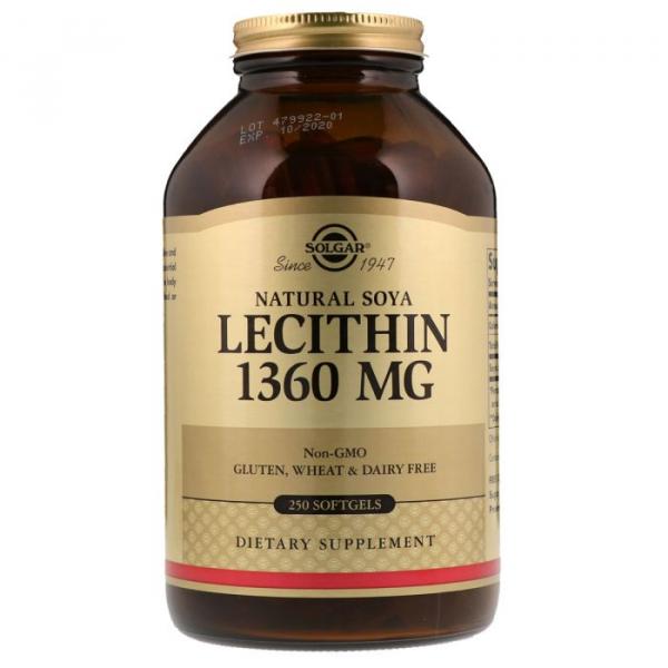 Лецитин неотбеленный 1360 мг, Natural Soya Lecithin, Solgar, 250 желатиновых капсул  - Фото 1