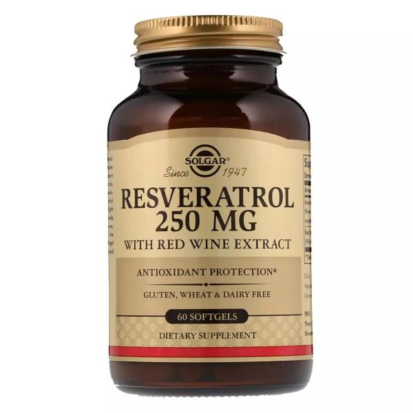 Ресвератрол з Екстрактом Червоного Вина, Resveratrol with red Wine Extract, Solgar, 250мг, 60 капсул - Фото 1