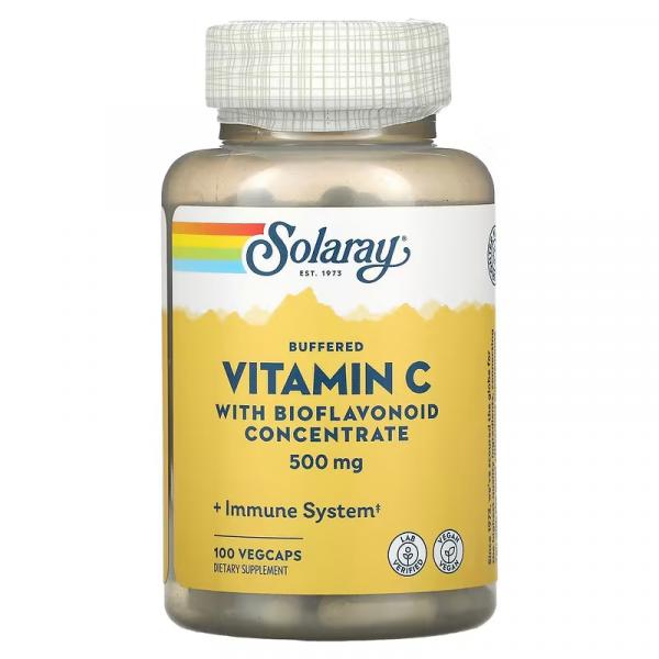 Забуференный витамин С с биофлавоноидным концентратом, Buffered Vitamin C with Bioflavonoid Concentrate, Solaray, 500 мг, 100 растительных капсул - Фото 1