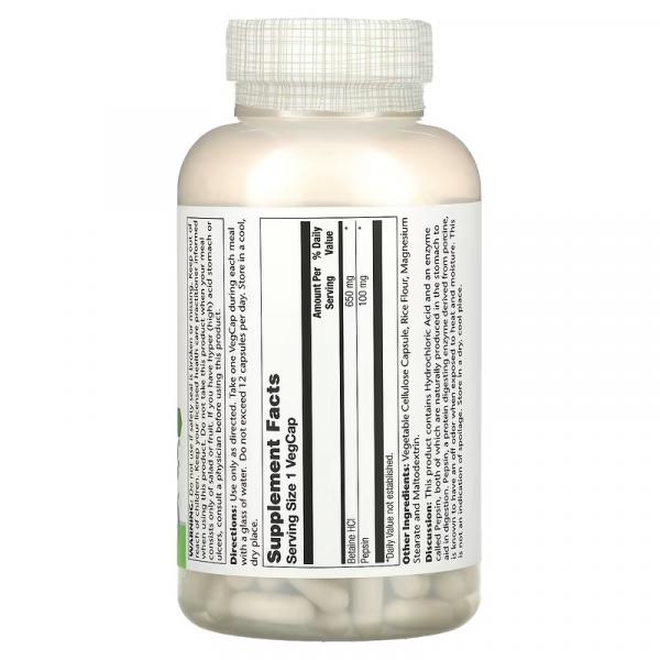 Высокоэффективный бетаина гидрохлорид с пепсином, HCL with Pepsin, Solaray, 650 мг, 250 вегетарианских капсул - Фото 2