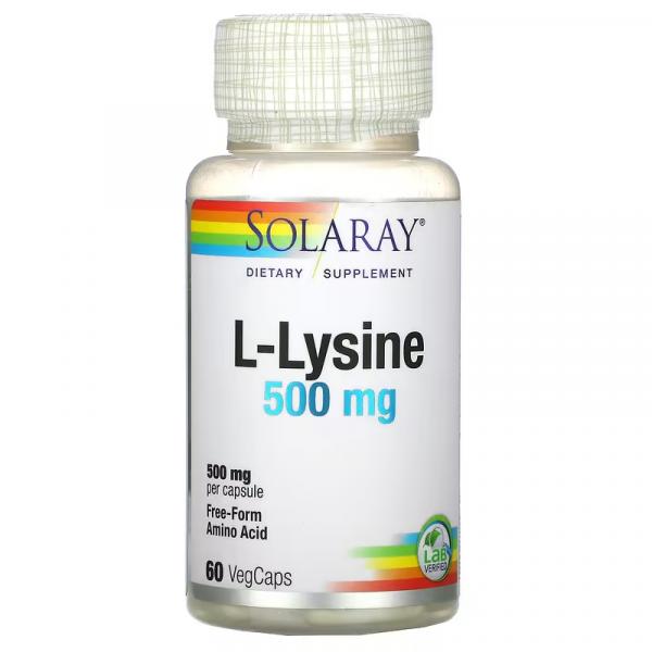 L-лизин, L-Lysine, Solaray, 500 мг, 60 вегетарианских капсул - Фото 1