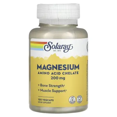 Магний, Magnesium, Solaray, 200 мг, 100 вегетарианских капсул 