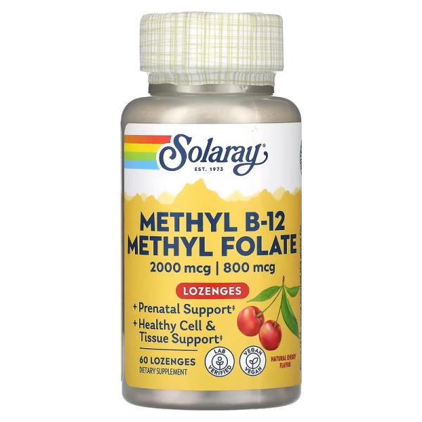 Метилфолат метил B-12 , натуральный вишневый вкус, Methyl-B-12 Methyl Folate Natural Cherry, Solaray, 60 леденцов - Фото 1