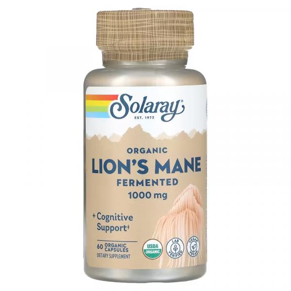 Ферментированный гриб ежовик гребенчатый, выращенный органическим способом, Organic Fermented Lion's Mane, Solaray, 500 мг, 60 растительных капсул - Фото 1