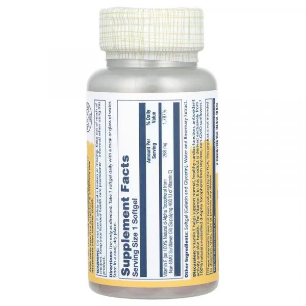 Вітамін E  з соняшнику, Sunflower Vitamin E, Solaray, 268 мг, 60 капсул - Фото 2