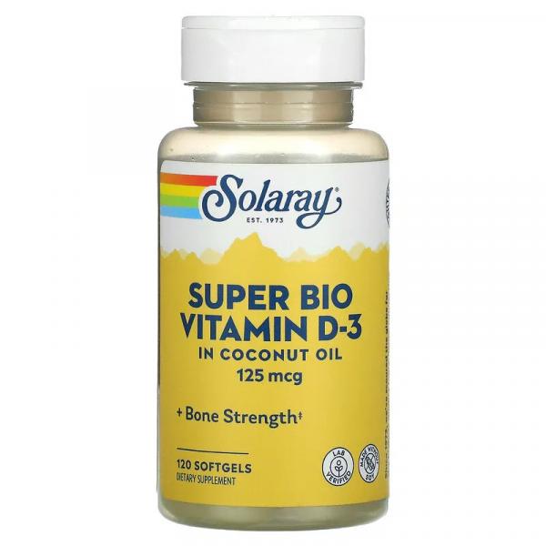 Супер био витамин D-3, 5000 МЕ, Solaray, 120 мягких таблеток  - Фото 1