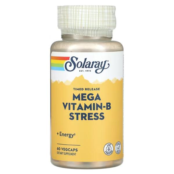 Мега-витамин B для снятия стресса, Timed Release Mega Vitamin-B Stress, Solaray, 60 растительных капсул - Фото 1