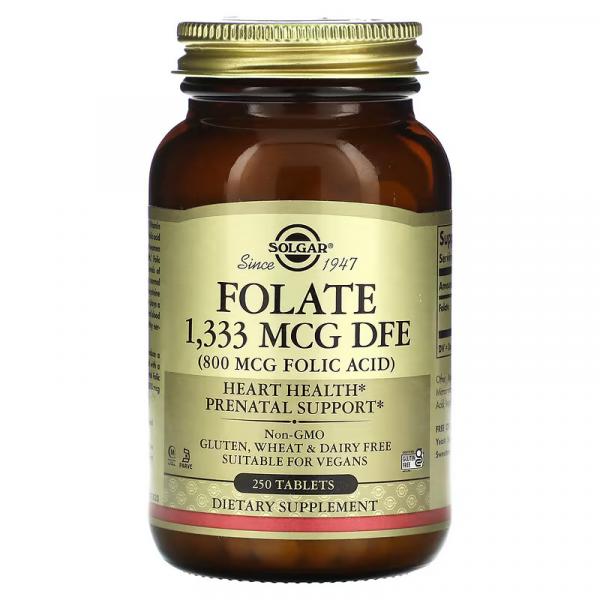 Фолат, Folate, Solgar, 800 мкг (666 мкг DFE), 250 таблеток - Фото 1
