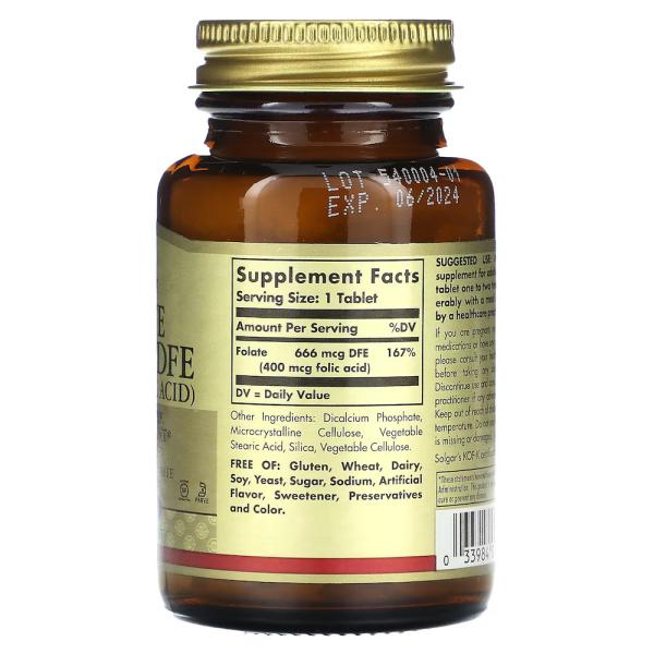 Фолат, Folate, Solgar, 400 мкг (666 мкг DFE), 250 таблеток - Фото 2