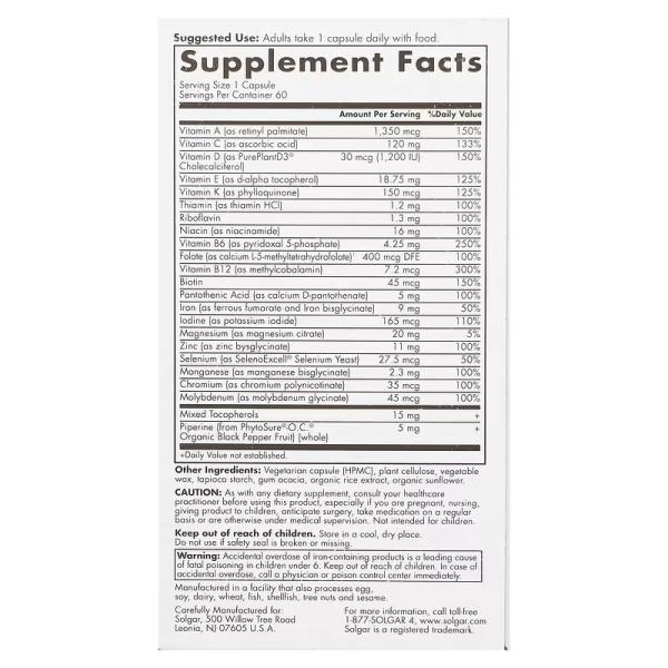 Mультивітаміни для жінок, One Daily Women's Multi, Solgar, 60 капсул - Фото 2
