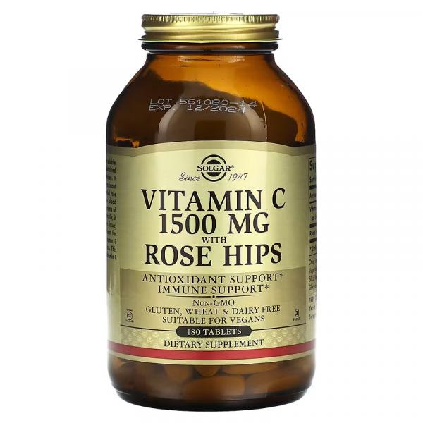 Витамин С с шиповником, Vitamin C with Rose Hips, Solgar, 1500 мг, 180 таблеток - Фото 1