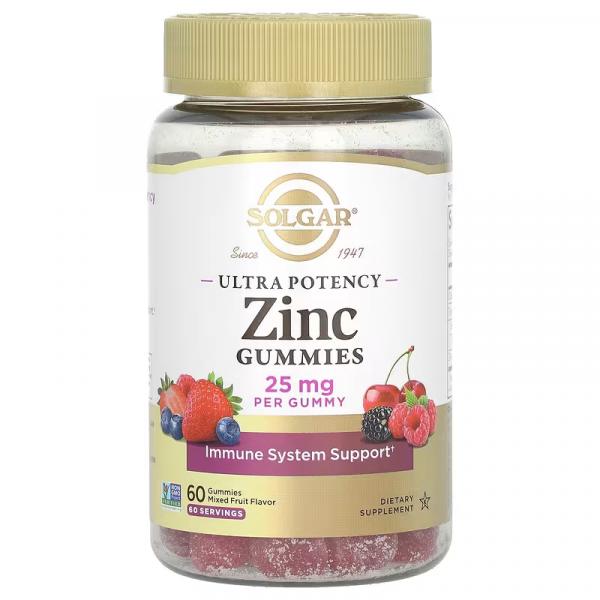 Цинк, підвищена ефективність, фруктове асорті, Zinc Gummies Ultra Potency Mixed Fruit, Solgar, 25 мг, 60 жувальних таблеток - Фото 1