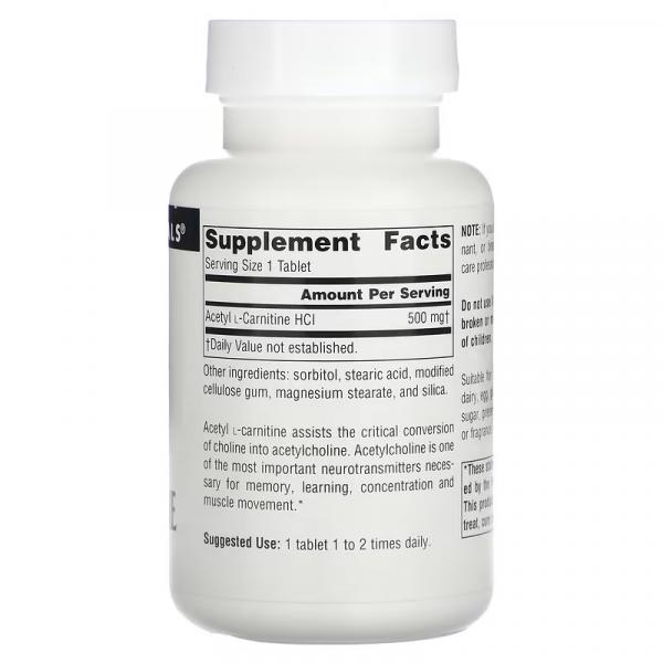 Ацетил-L-карнитин, Acetyl-L-Carnitine, Source Naturals, 500 мг, 60 таблеток - Фото 2
