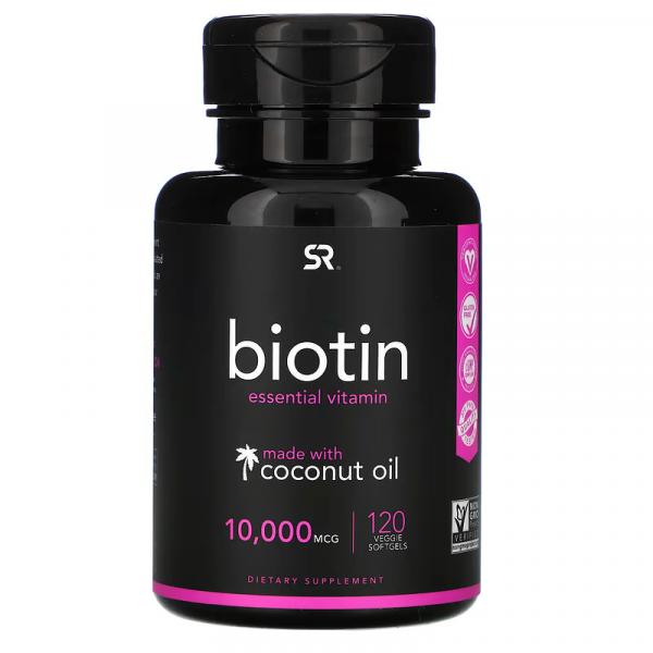 Биотин с кокосовым маслом, Biotin with Coconut Oil, Sports Research, 10 000 мкг, 120 растительных капсул - Фото 1