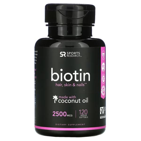 Биотин с кокосовым маслом, Biotin with Coconut Oil, Sports Research, 2500 мкг, 120 вегетарианских капсул - Фото 1