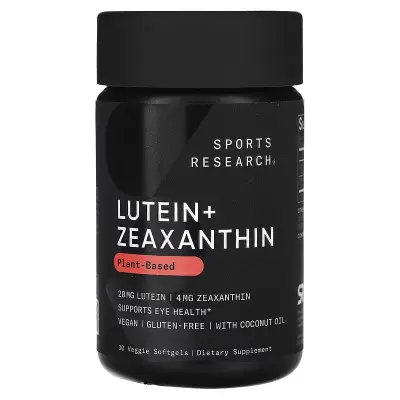 Лютеин + зеаксантин с кокосовым маслом, Lutein + Zeaxanthin, Sports Research, 30 растительных капсул