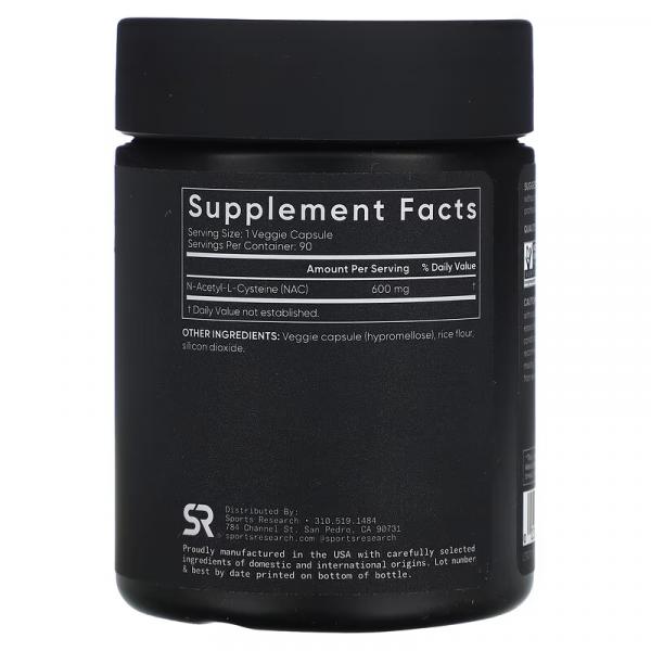 N-ацетилцистеїн, NAC N-Acetyl Cysteine, Sports Research, 600 мг, 90 рослинних капсул - Фото 2