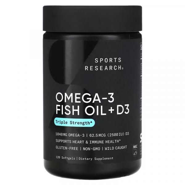 Омега-3 и рыбий жир с витамином D3, тройной силы, Omega-3 Fish Oil D3 Triple Strength, Sports Research, 1040 мг и 62,5 мкг (2500 МЕ), 120 мягких таблеток - Фото 1