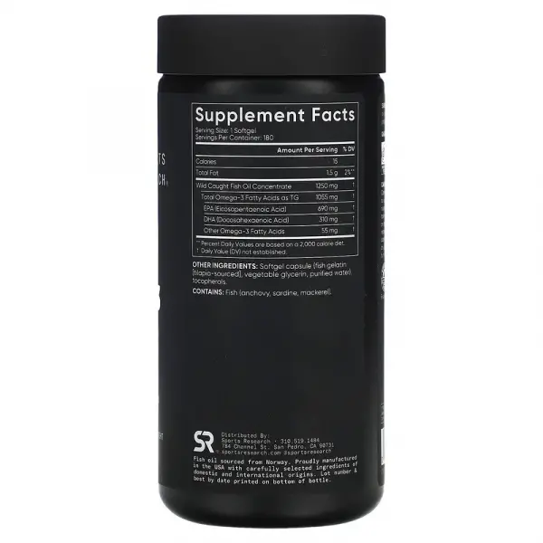 Рыбий жир с омега-3, тройная сила, Omega-3 Fish Oil Triple Strength, Sports Research, 1250 мг, 180 капсул - Фото 2