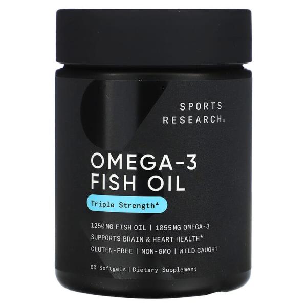Рыбий жир с омега-3, тройная эффективность, Оmega-3 Fish Oil Triple Strength, Sports Research, 1250 мг, 60 капсул - Фото 1